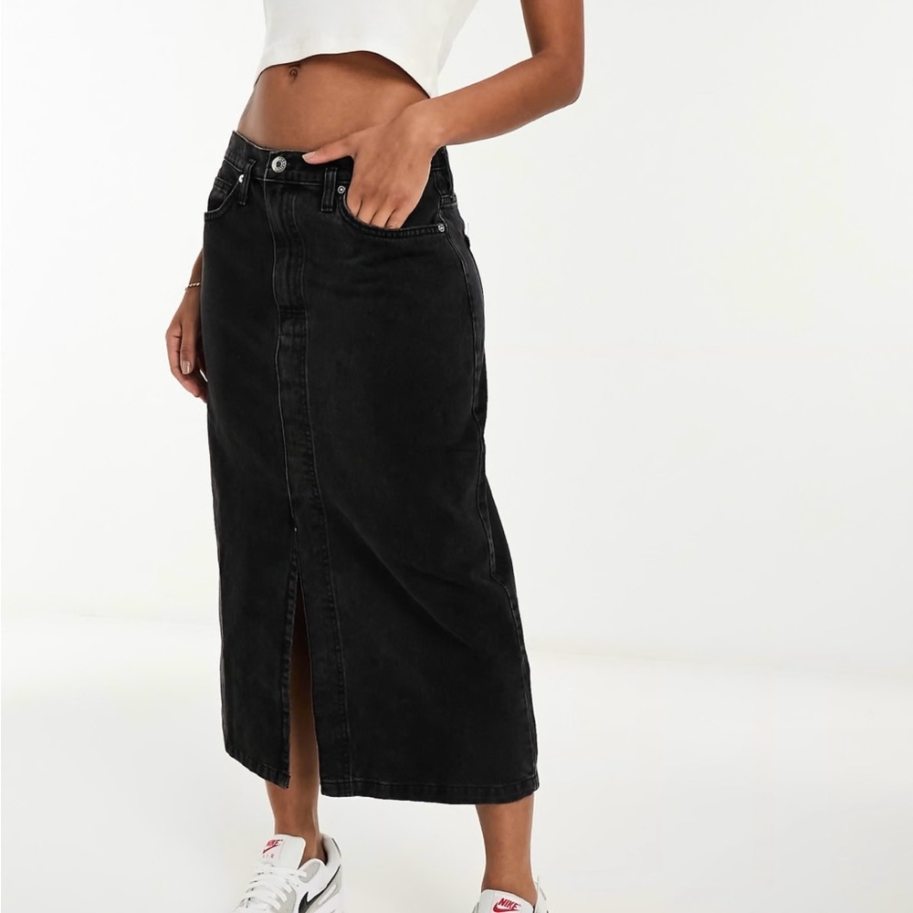 Mango front split denim midi skirt in black